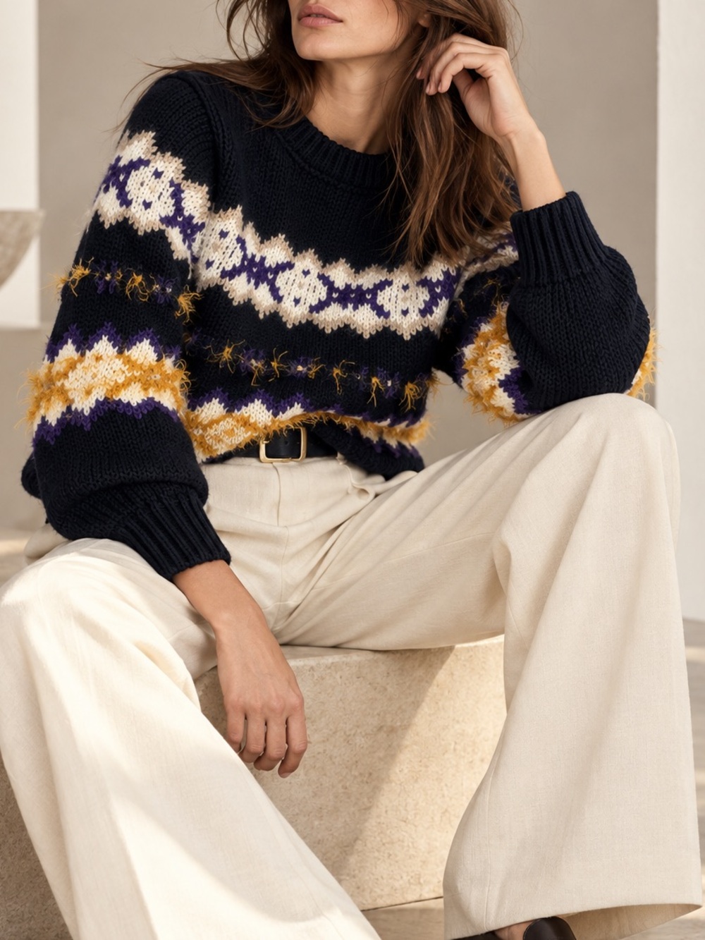 Sezane Navy Fair Isle Knit Sweater with Ivory and Mustard Accents Size S